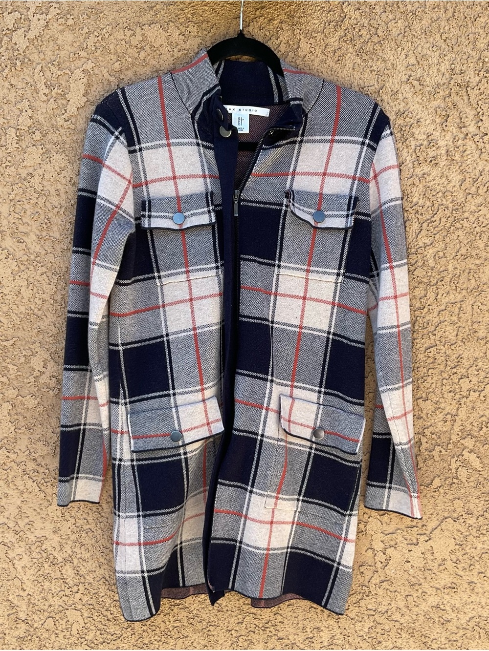Max Studio Blue Plaid Tartan Design Zipper Long Sweater Jacket Small Preppy
